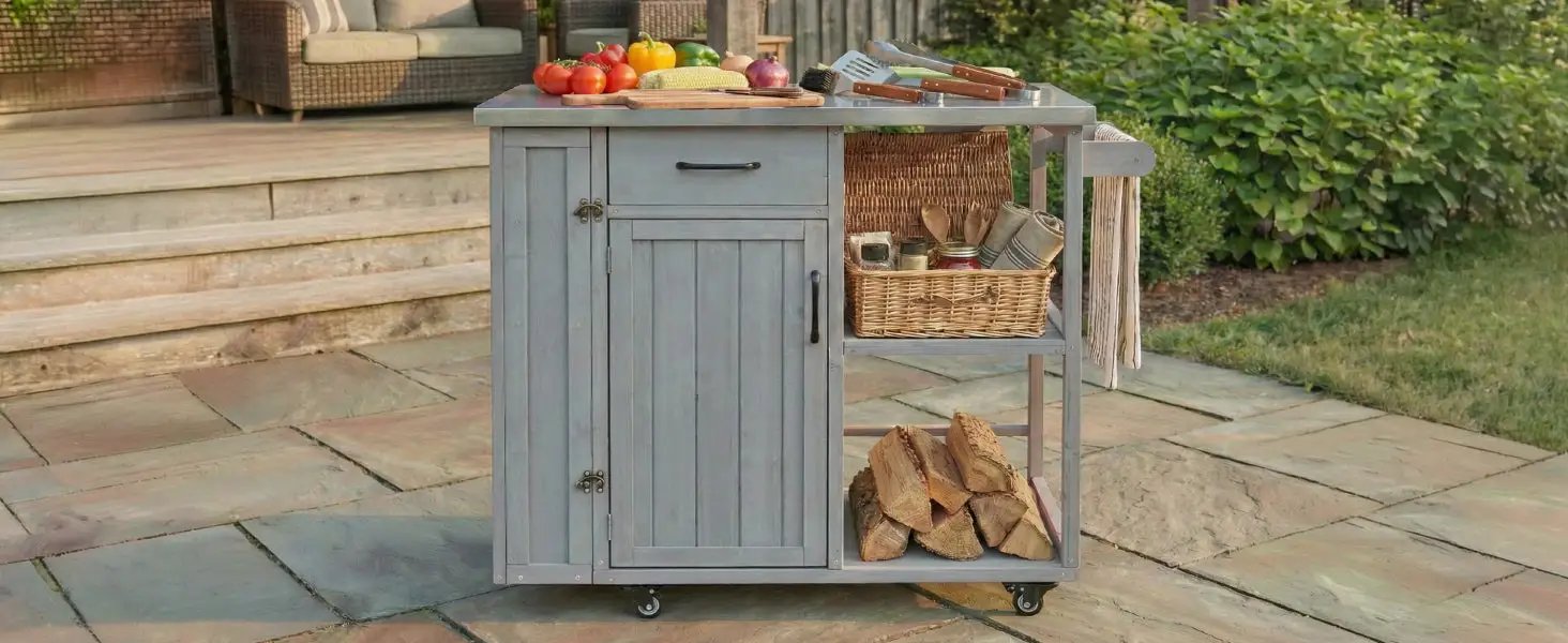 Outdoor Kitchen Island Fir Wood Prep Station with Stainless Steel Top by HouseOfZazla
