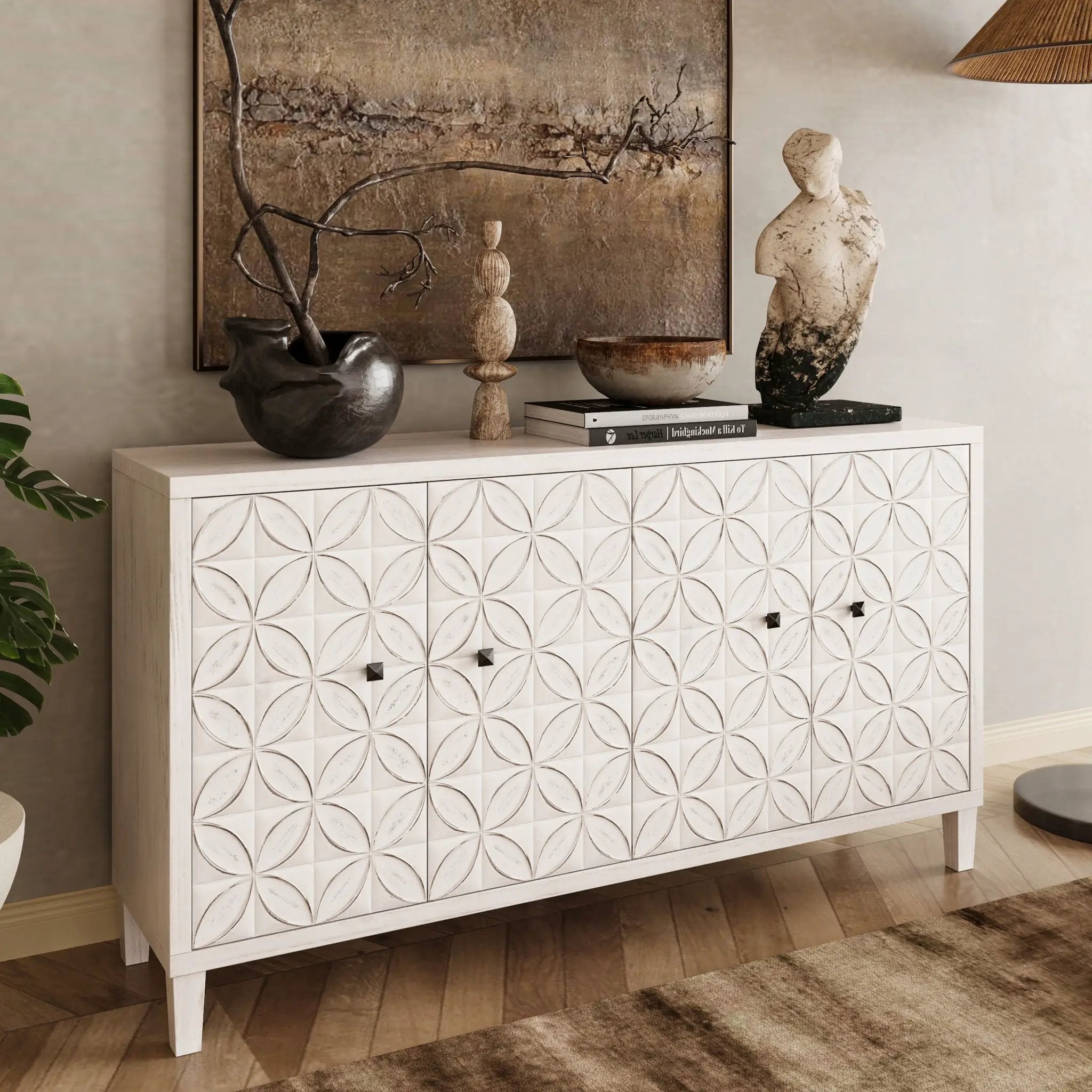 Accent Cabinet 4 Door Wooden Cabinet Sideboard Buffet Server Cabinet Storage Cabinet, For Living Room, Entryway, Hallway, Office, Kitchen And Dining Room - White Wash by Unique Piece Furniture