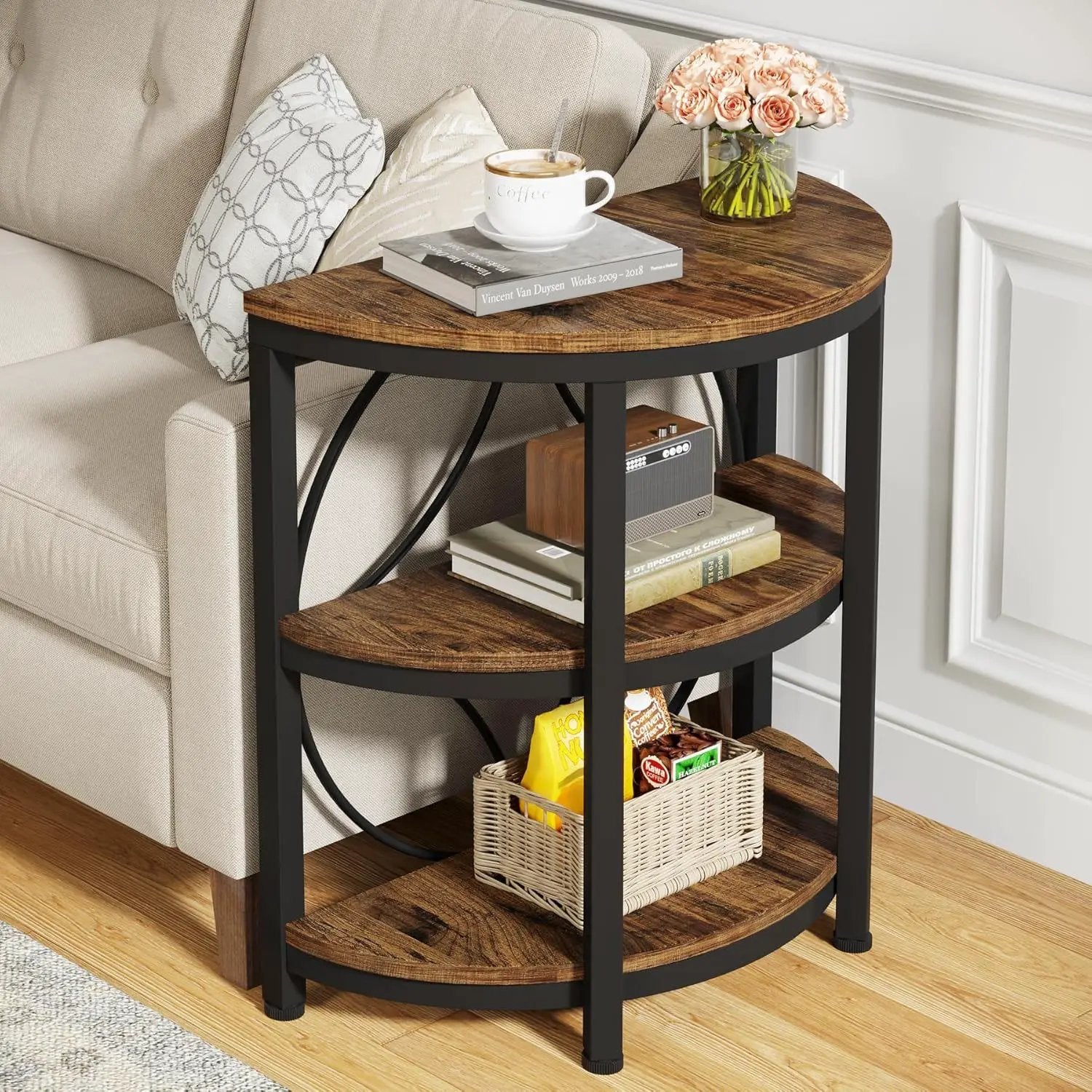 3 Tier Half Moon End Table, Space Saving Semi Circle - Deep Rustic Brown by HouseOfZazla