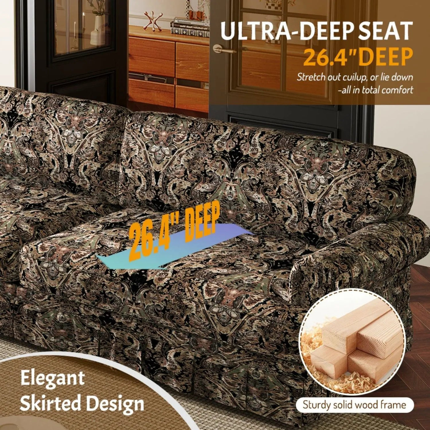 Luxuriously Comfortable Cloud Couch With Elegant Rolled Arms & Pleated Skirt Design by HouseOfZazla