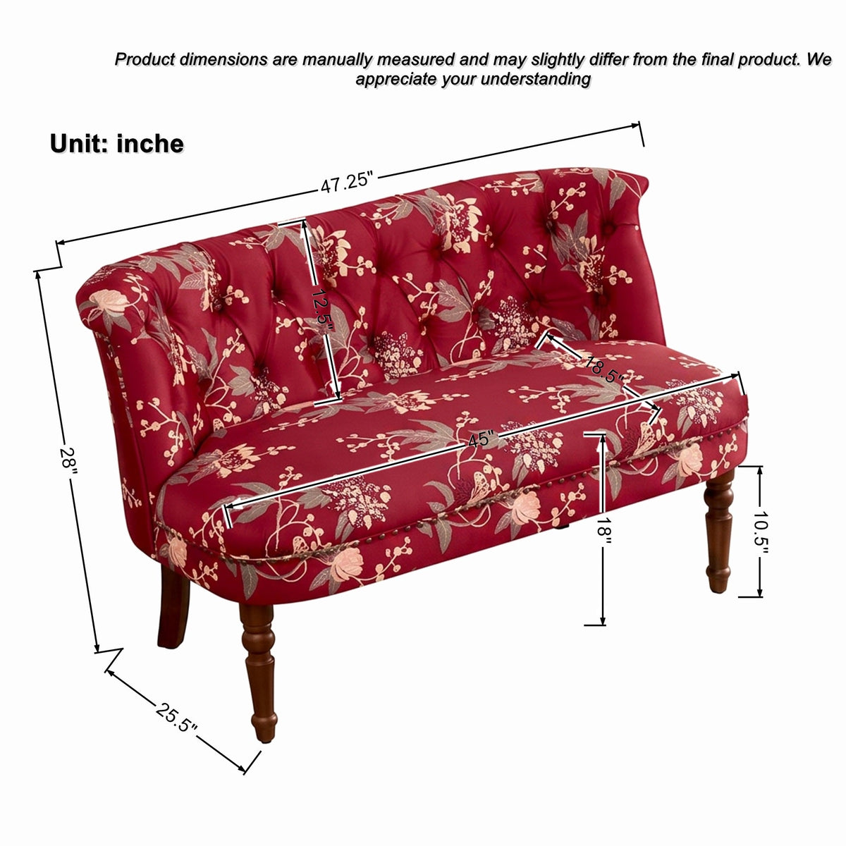 Floral Tufted Sofa Chair with Solid Wood Legs - Wine Red, Green, or Tiffany Blue, photo 6 of 10