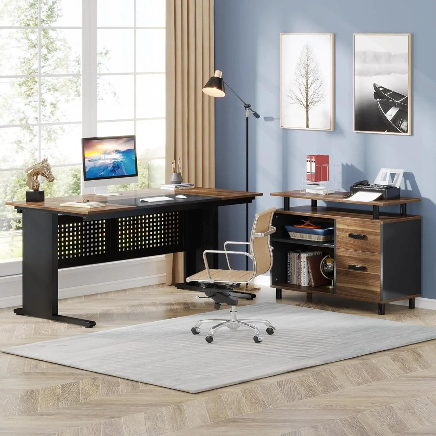 L-Shaped Executive Desk With File Cabinet, Office Workstation With Drawers, Shelves & Storage by HouseOfZazla
