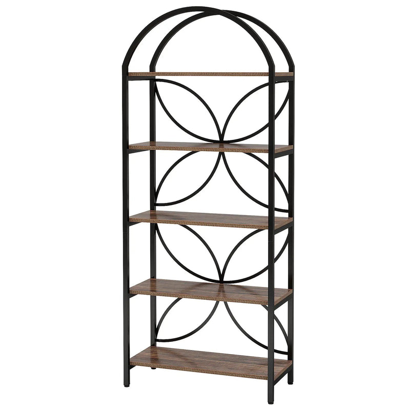 Tall 5 Tier Arched Bookshelf With Shelves For Living Room - Rustic Brown by HouseOfZazla
