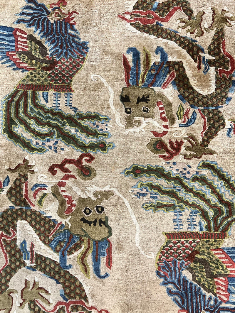 Antique Chinese Peking Rug 3 x 5.6, Dragon Motifs, Handmade Wool Asian Oriental Carpet by Jewel Rugs