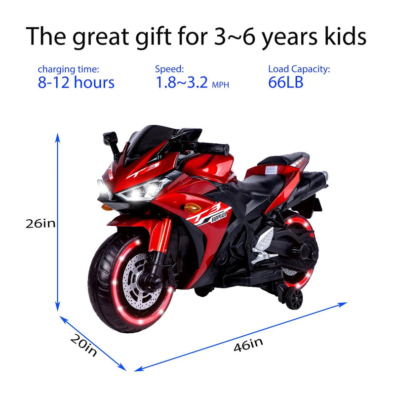 Kids 12V Motorcycle With Training Wheels, Manual Throttle, And Lighting Wheels For Boys And Girls Ages 3-6 - Red by HouseOfZazla