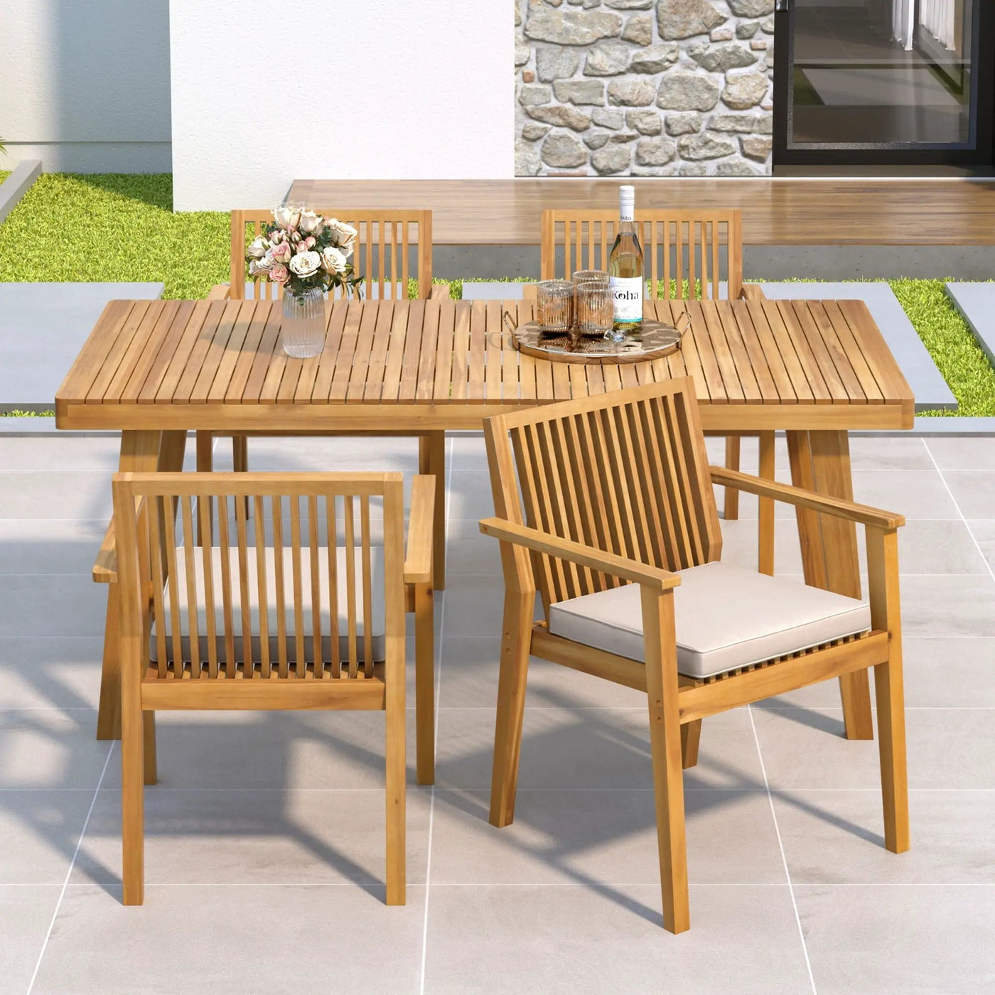 5 Piece Patio Furniture Set Acacia Wood Table And 4 Heavy Duty Cushioned Chairs by HouseOfZazla