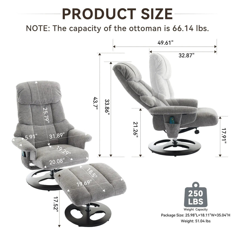 Ergonomic Recliner Chair With Ottoman, Modern 360° Swivel With Footstool by Unique Piece Furniture