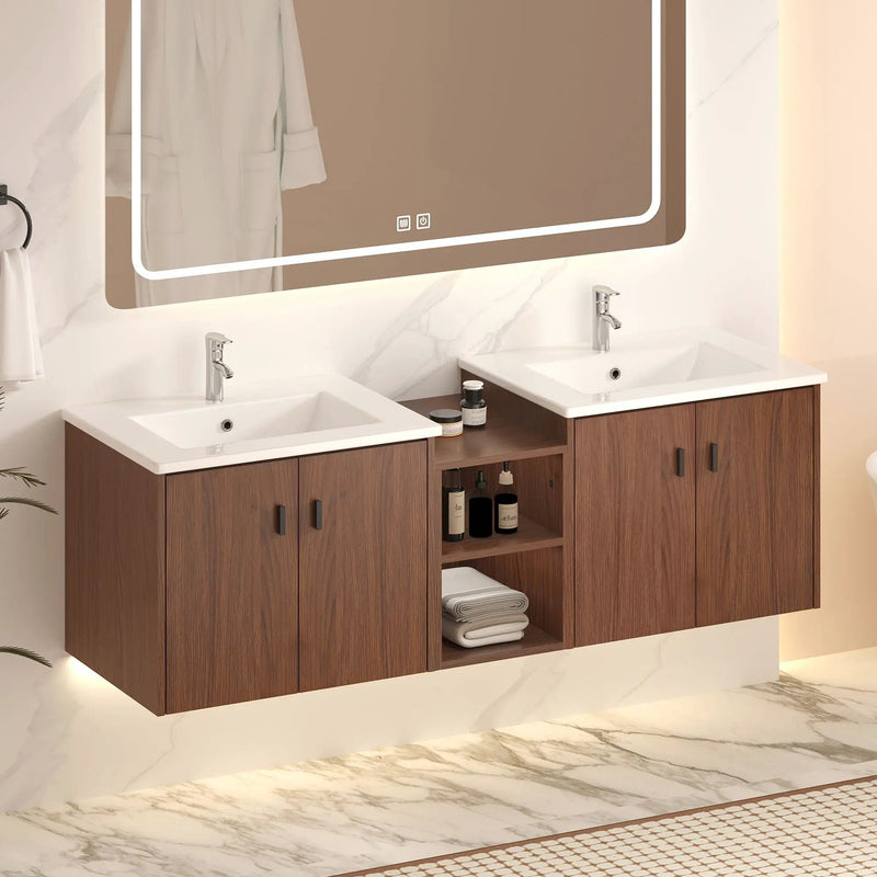 Soft Close Doors Bathroom Vanity With Small Storage Shelves, 24" And 12" Combination Cabinet - Reddish Brown by Unique Piece Furniture