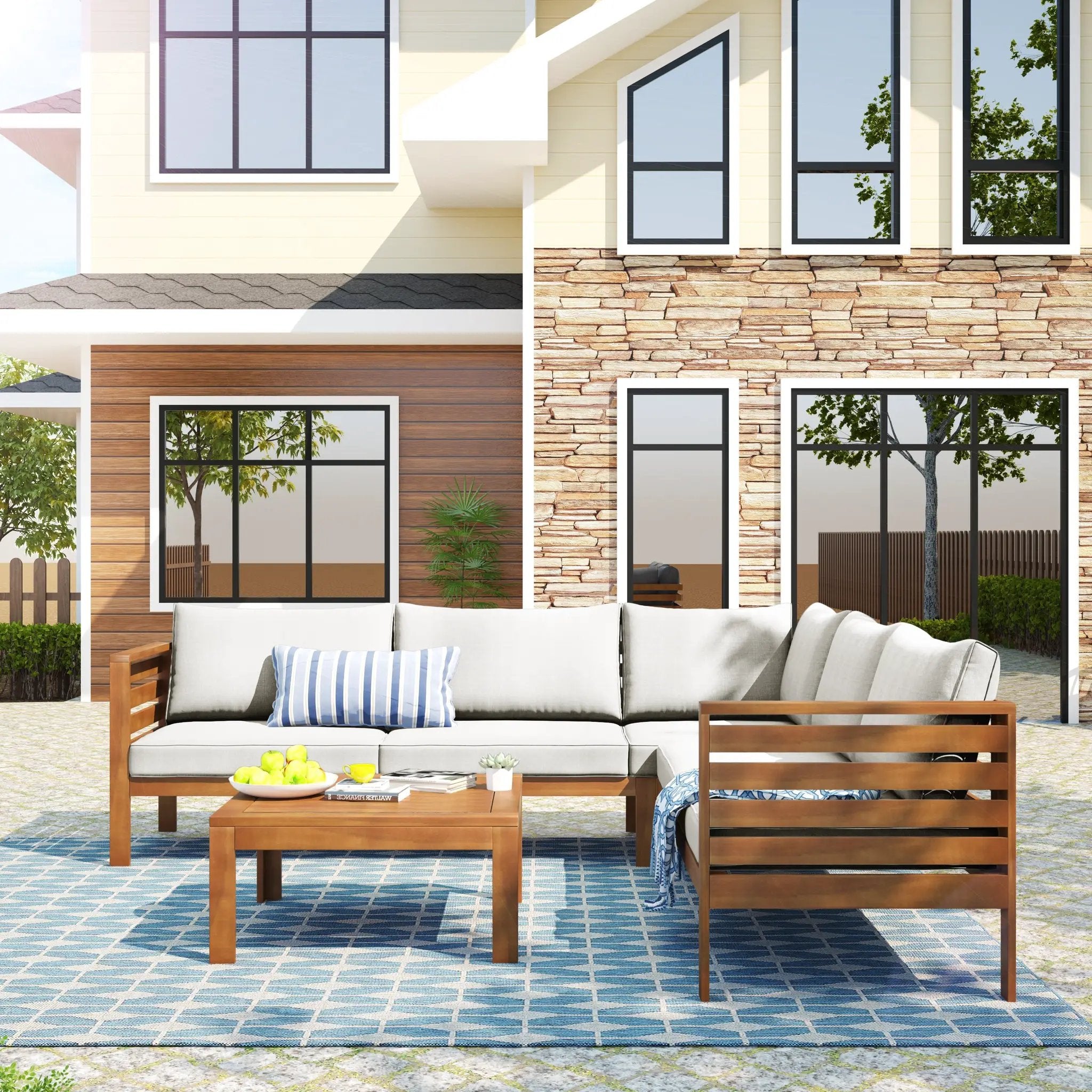 Wood Structure Outdoor Sofa Set with Beige Cushions by HouseOfZazla