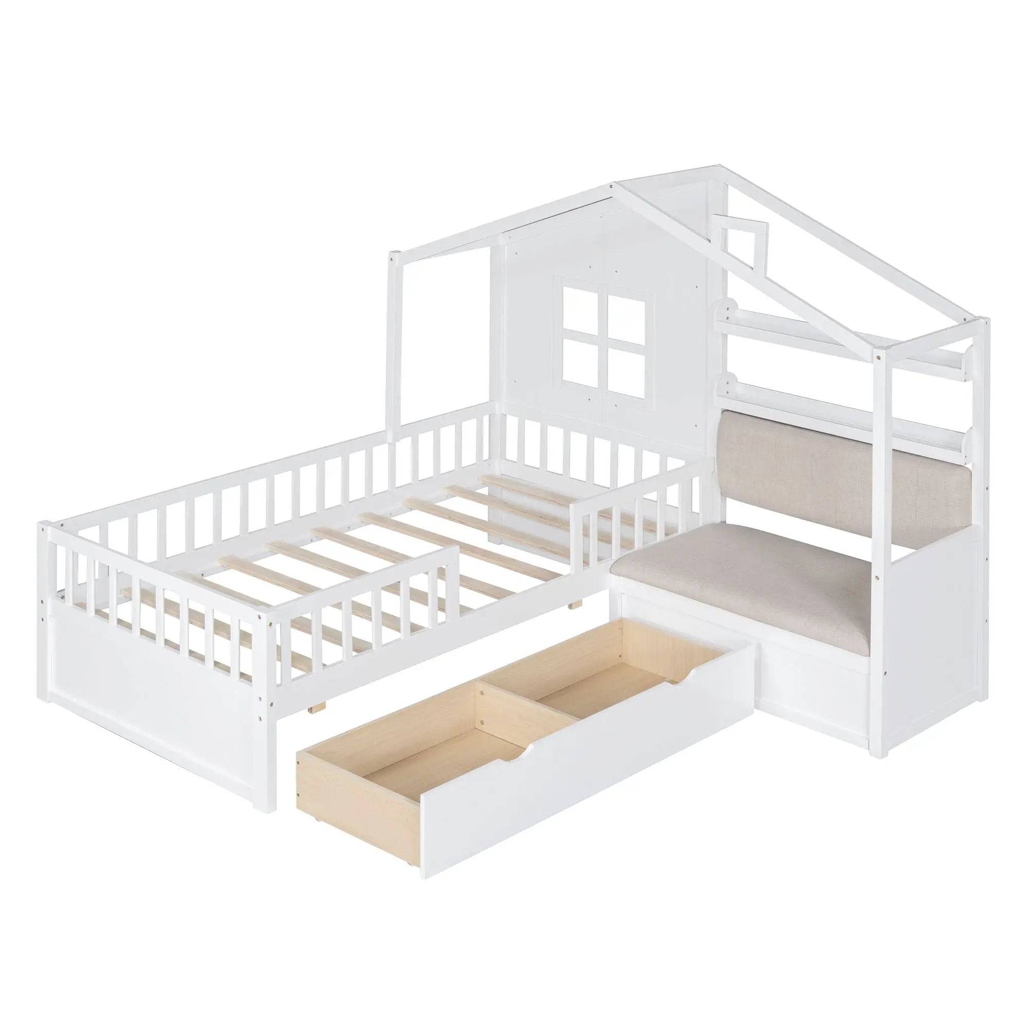 House Bed With Sofa, Kids Platform Bed With 2 Drawers And Storage Shelf by HouseOfZazla
