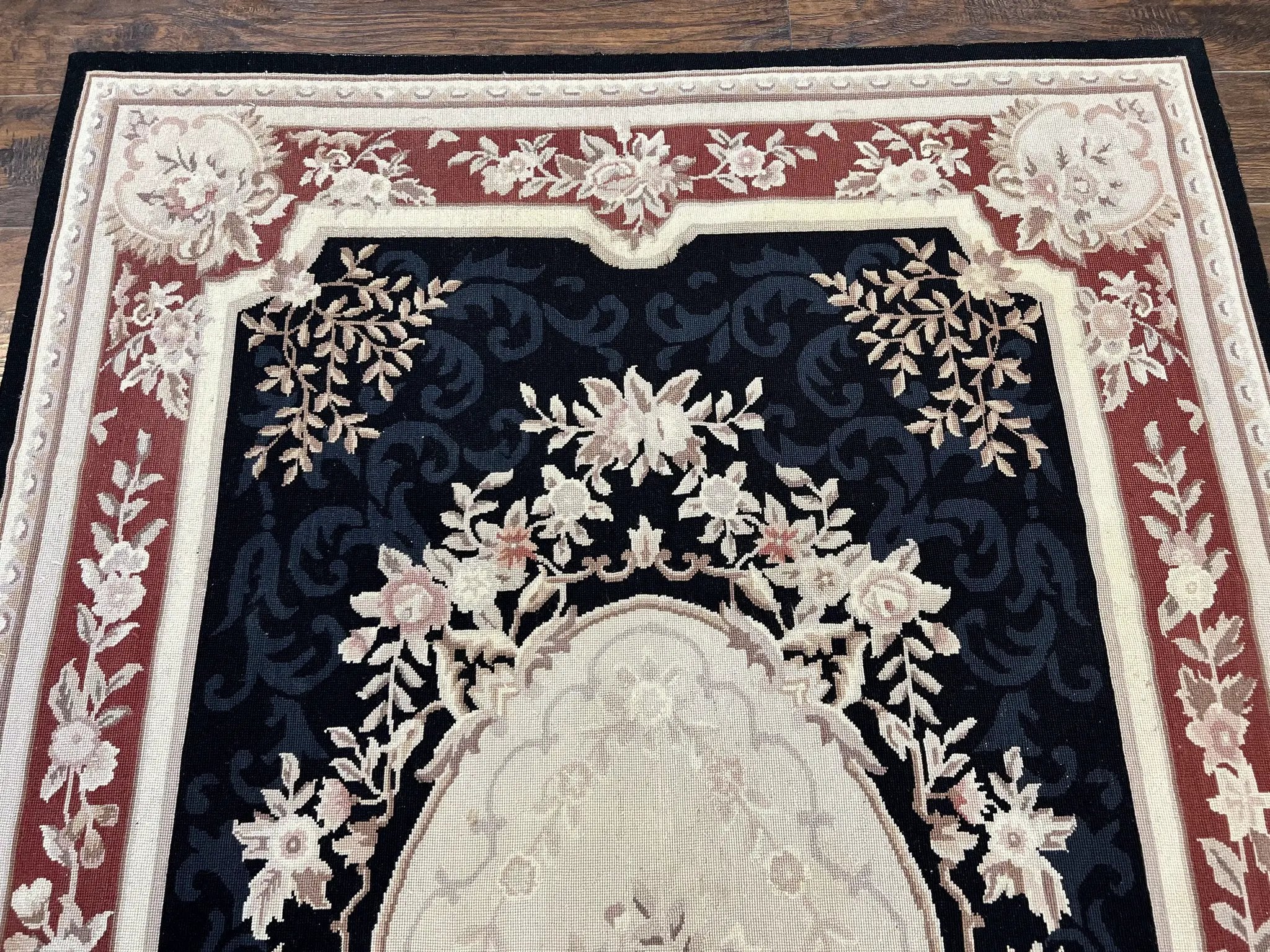 Needlepoint Rug 5x8, Wool Handmade Vintage European Design Carpet, Black & Maroon, French Aubusson Pattern Flatweave Rug by Jewel Rugs