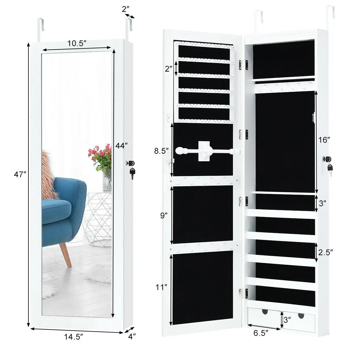 Door Mounted Lockable Mirrored Jewelry Cabinet with LED Lights by DirectDeals