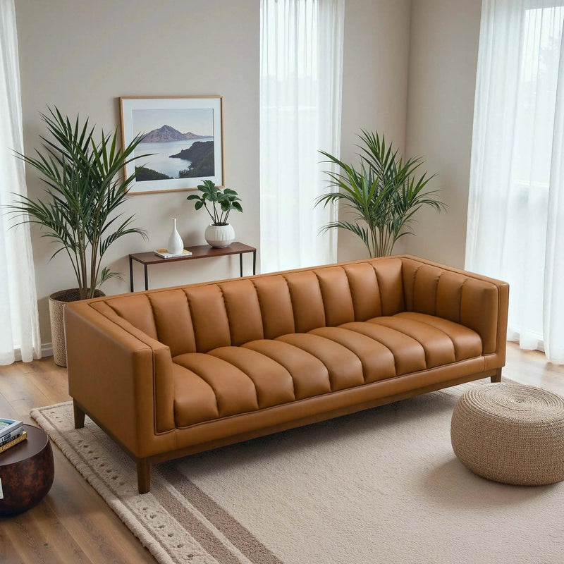 Melissa Mid-Century Cognac Vegan Leather Modern Sofa by HouseOfZazla