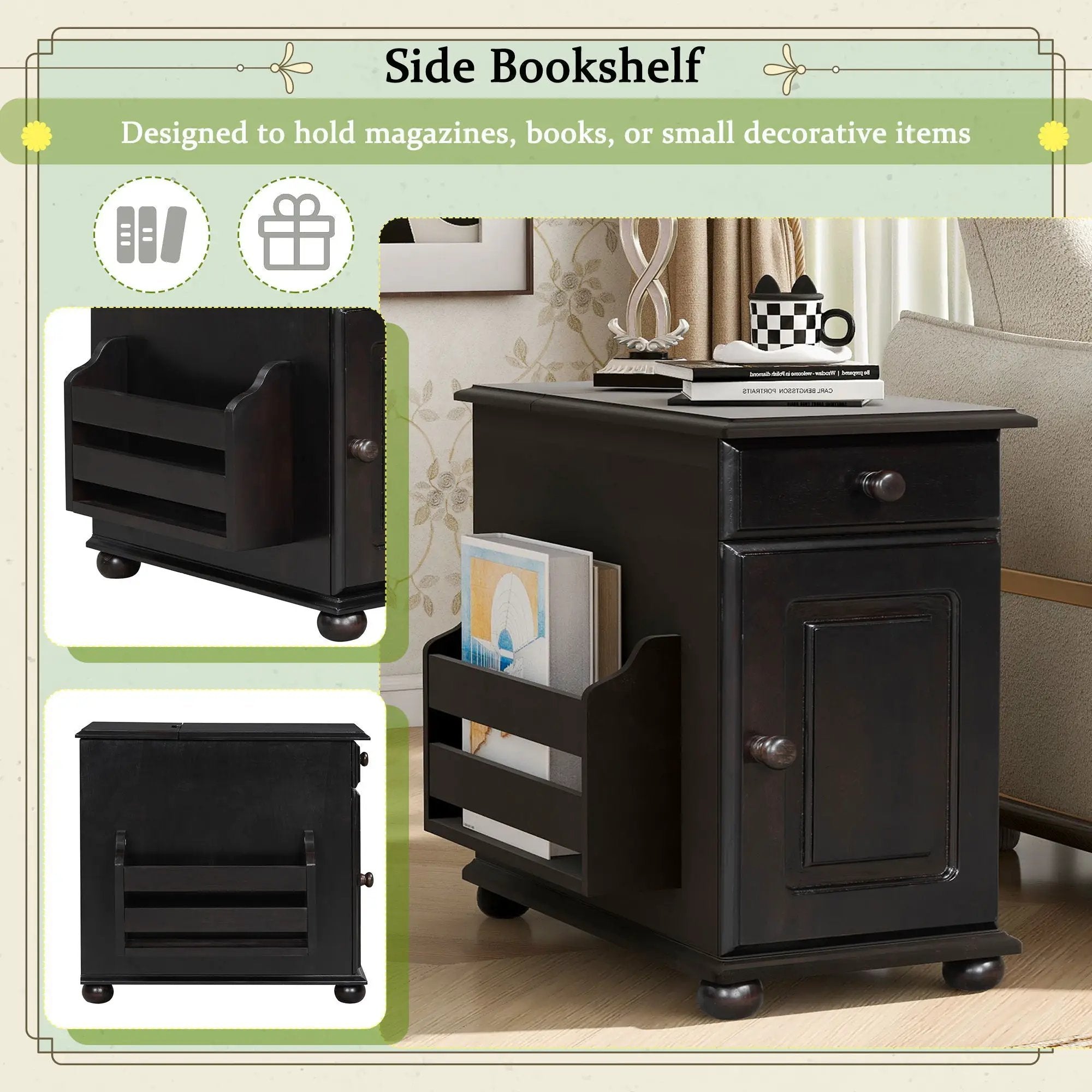 Vintage Flip Top Side Table With USB Ports by HouseOfZazla