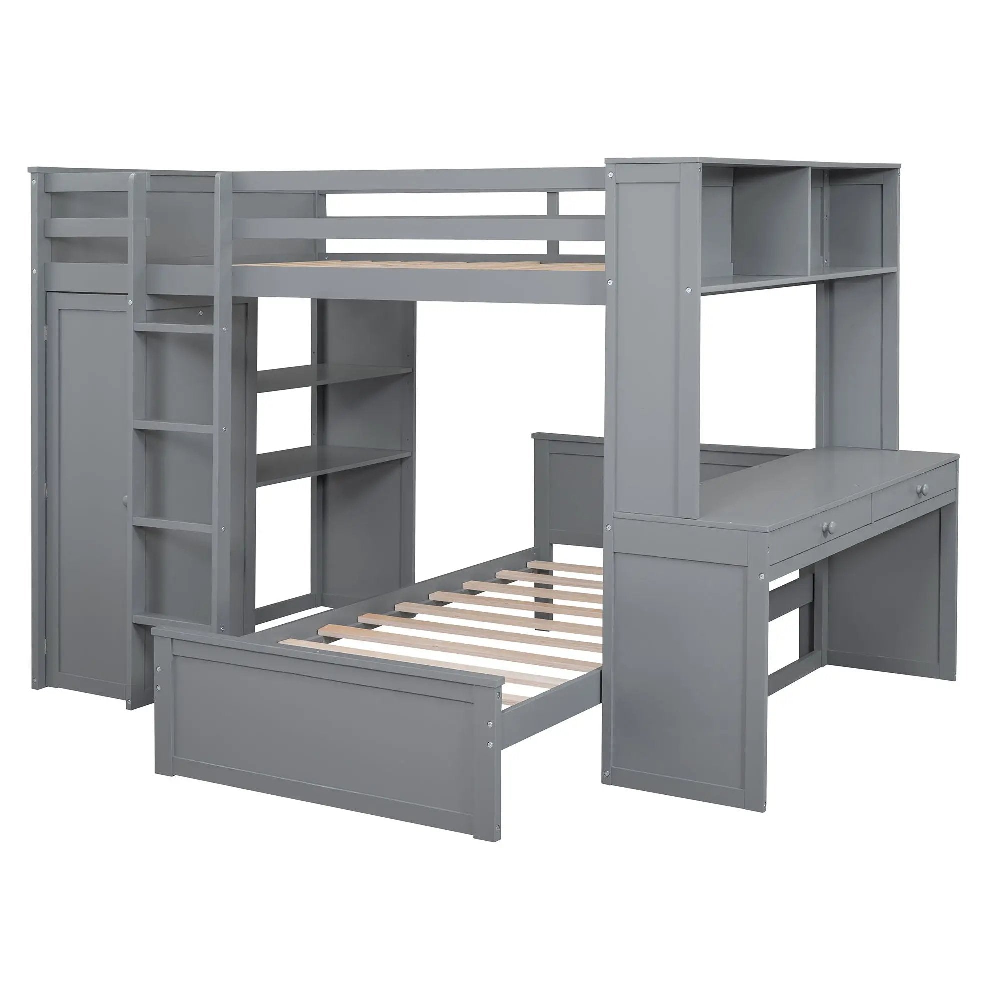 Loft Bed With A Twin Size Standalone Bed, Shelves, Desk, And Wardrobe by HouseOfZazla