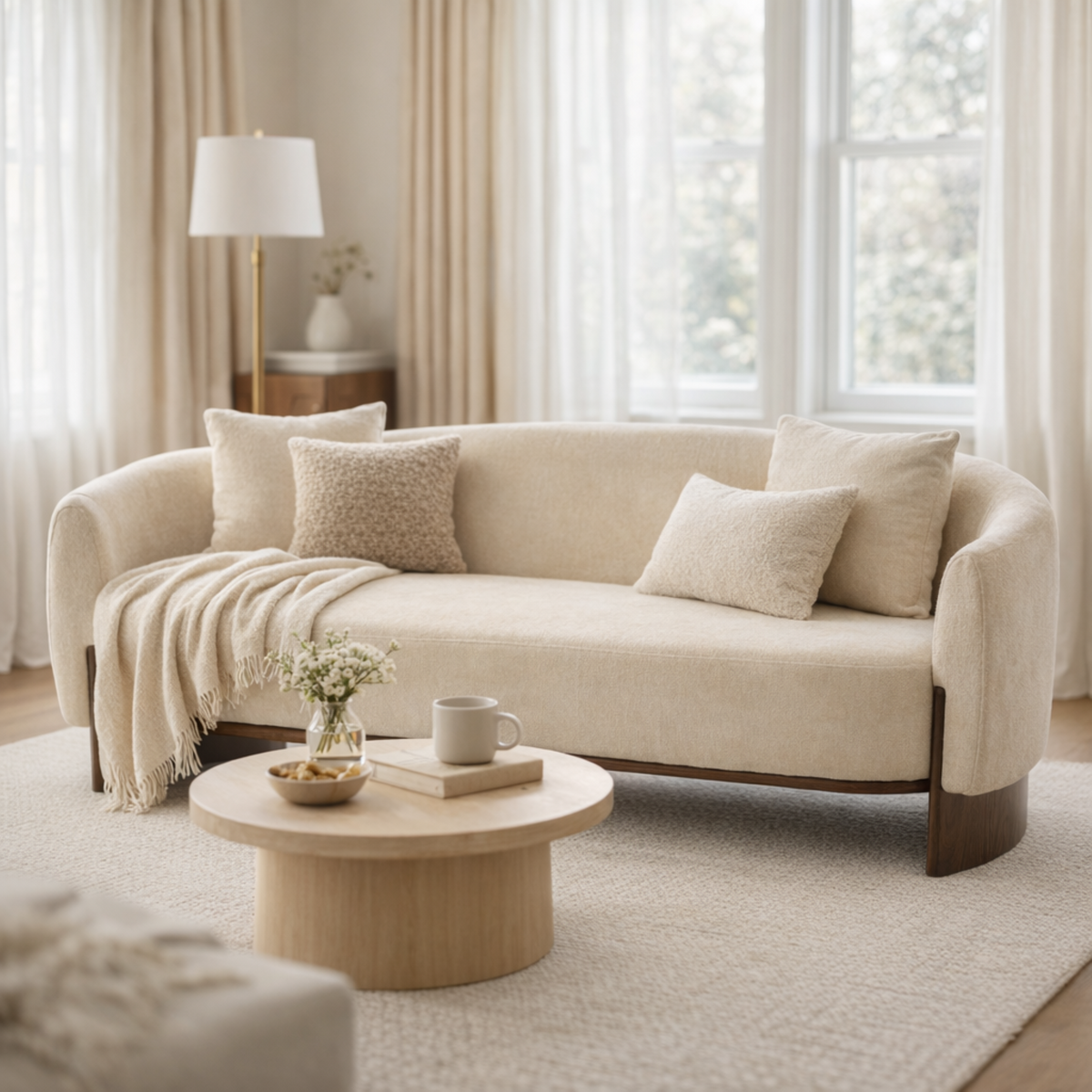 81 in. Curved Boucle Sofa with Wooden Base - Boucle Upholstery