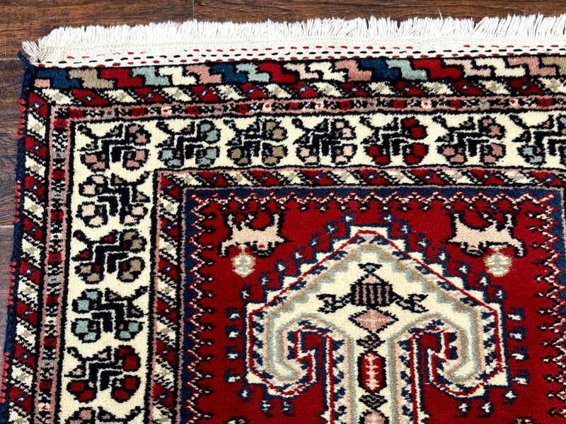 Indo Persian Runner Rug 2.6 x 12, Heriz Geometric Caucasian Design, Animal Pictorials, Tribal Runner Rug, Vintage Handmade Wool Red by Jewel Rugs