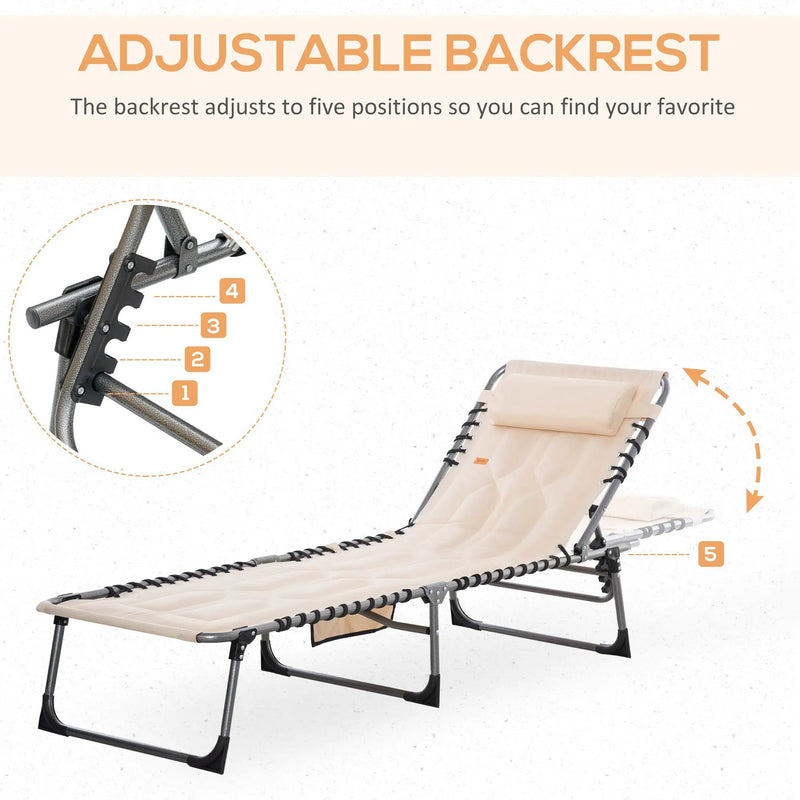 Outsunny - Padded Folding Chaise Lounge Chair, Outdoor 6-Level Reclining Camping Tanning Chair With Headrest For Beach, Yard, Patio, Pool - Beige by HouseOfZazla