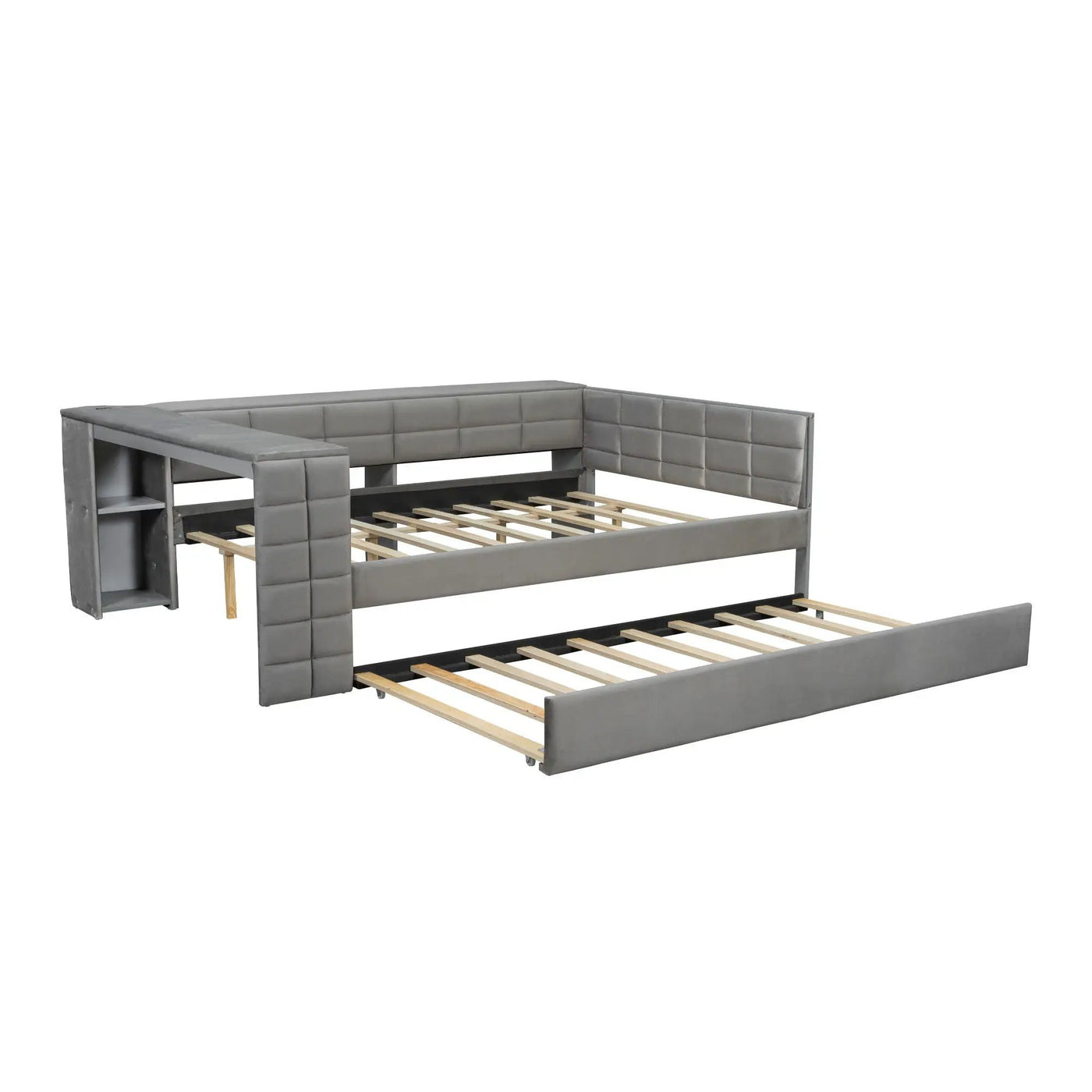 Upholstered Platform Bed With Storage Shelves, Desk, Charging Station And Trundle by HouseOfZazla