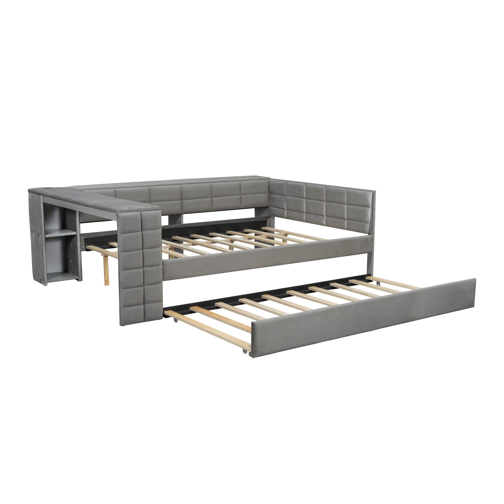 Upholstered Platform Bed With Storage Shelves, Desk, Charging Station And Trundle by HouseOfZazla
