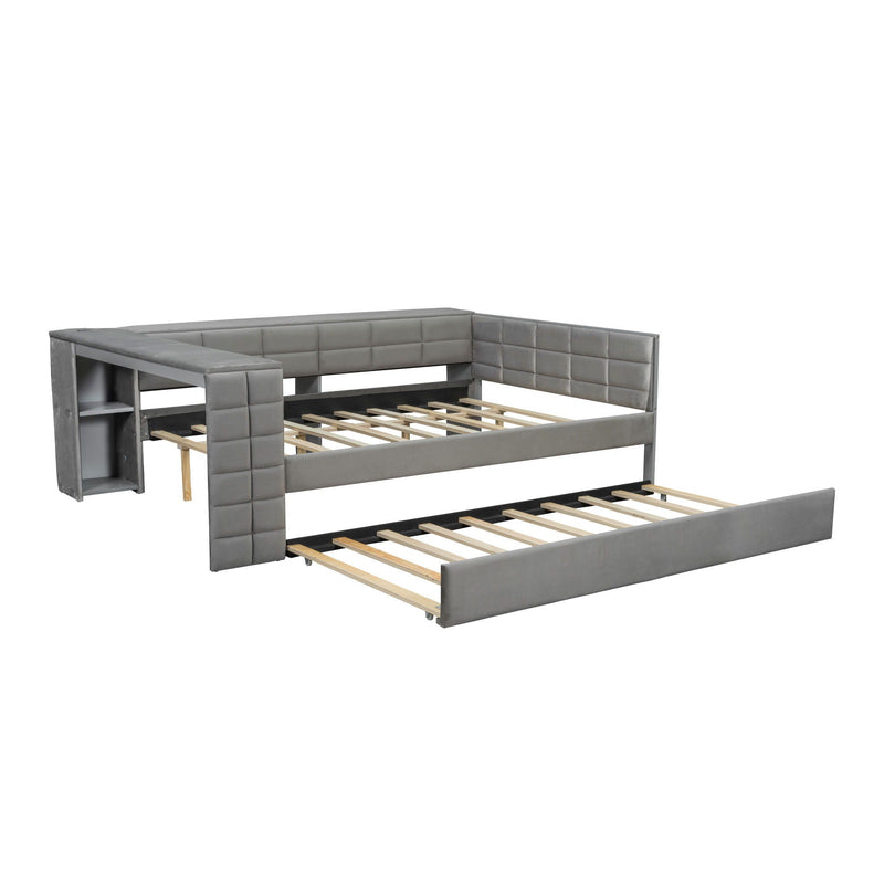 Upholstered Platform Bed With Storage Shelves, Desk, Charging Station And Trundle by HouseOfZazla