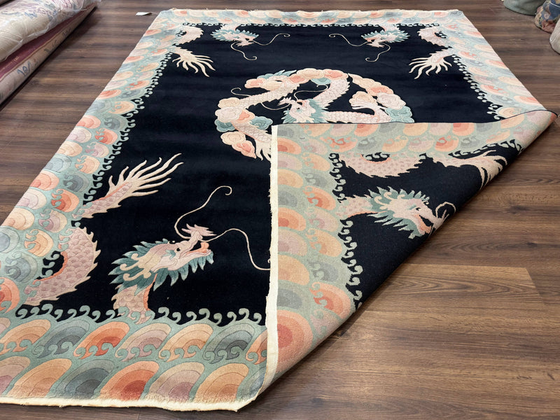 Black Chinese Wool Rug 8x10 with Dragons, Rainbow Borders, Rare by Jewel Rugs