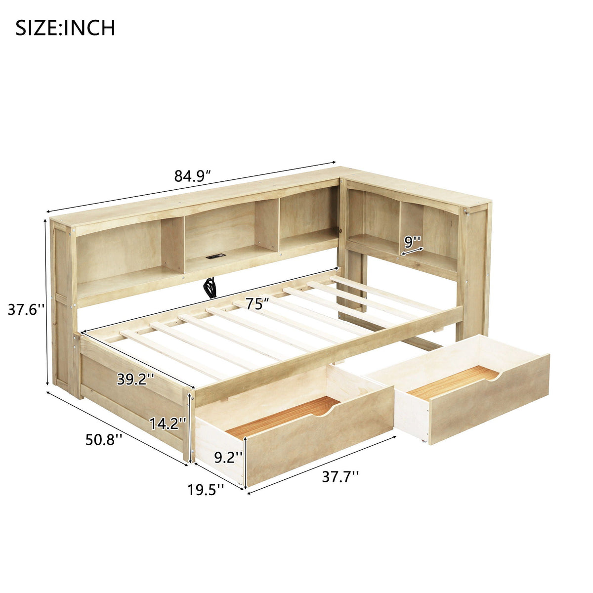 Twin Storage Daybed with Drawers, Cabinets & USB Charging - Light Brown or White, photo 13 of 18