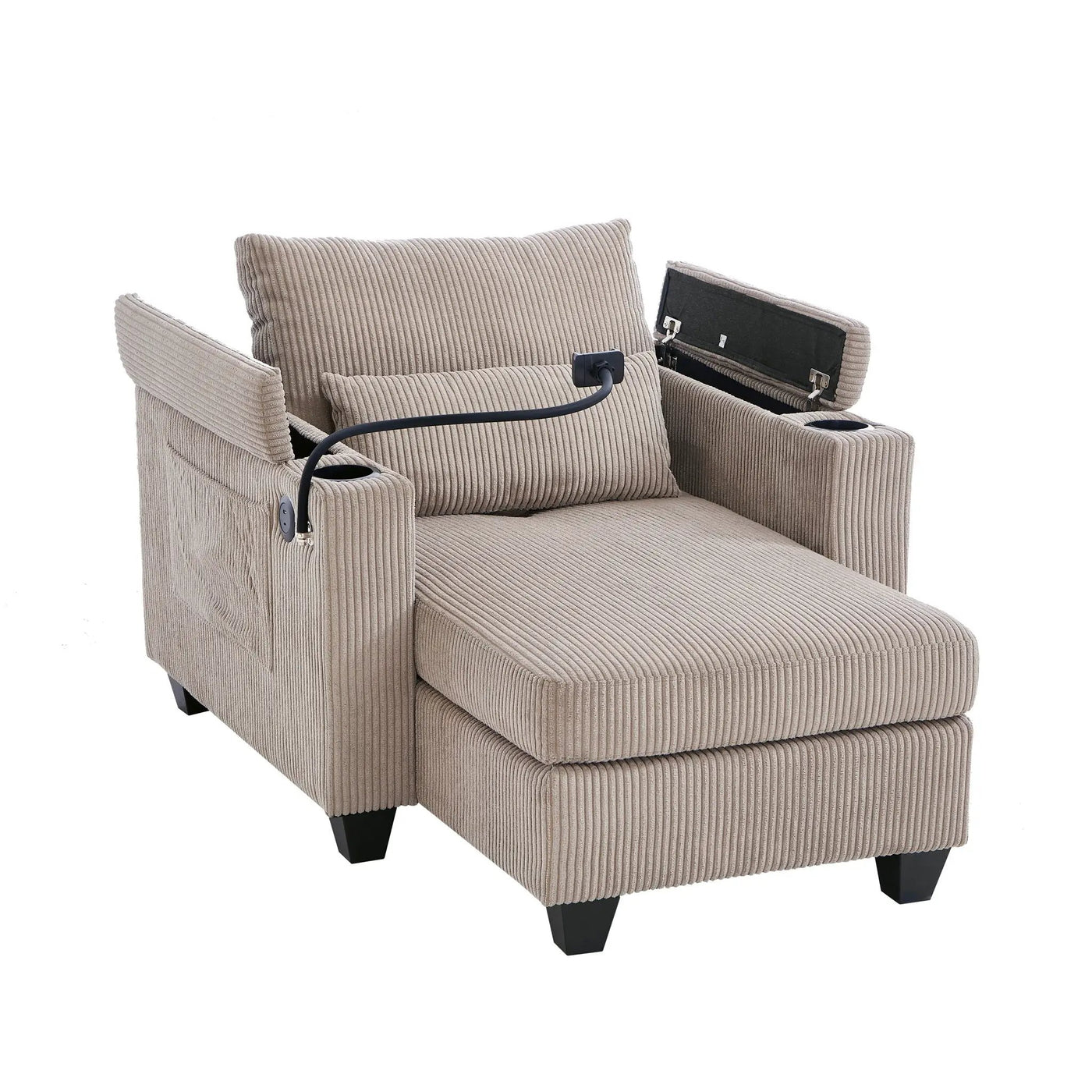 Convertible Chaise Lounge Sofa Chair With USB Ports, Cup Holders, Phone Holder And Storage by HouseOfZazla