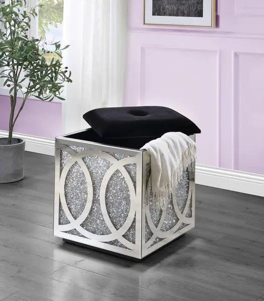 Noralie - 24" Ottoman With Storage - Mirrored & Faux Diamonds by Unique Piece Furniture