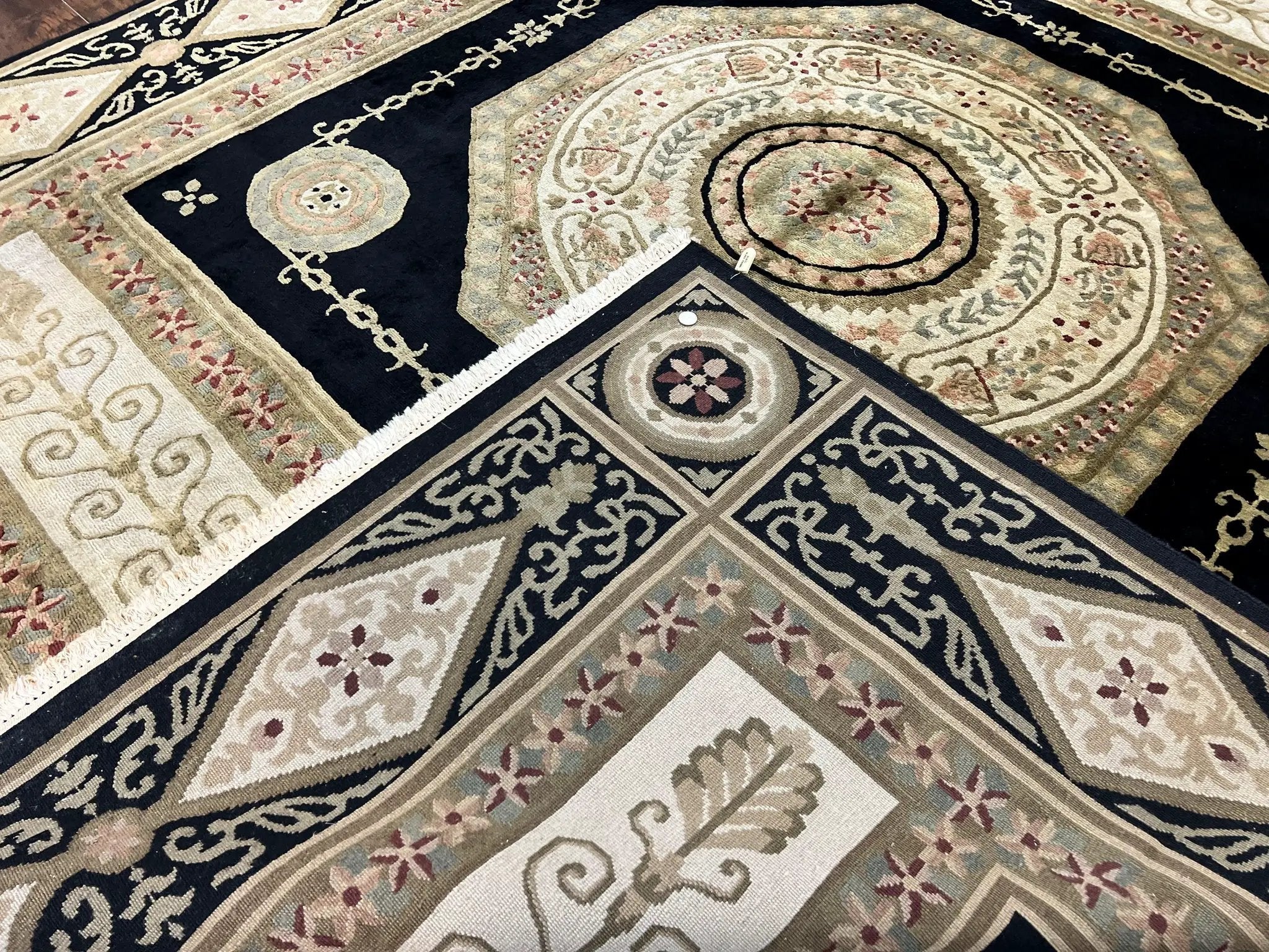 Tibetan Rug 8x10, Nepali Area Rug, Soft New Zealand Wool Carpet 8 x 10 ft, Black Tan Beige, Vintage Handmade Rug, French Aubusson Pattern by Jewel Rugs