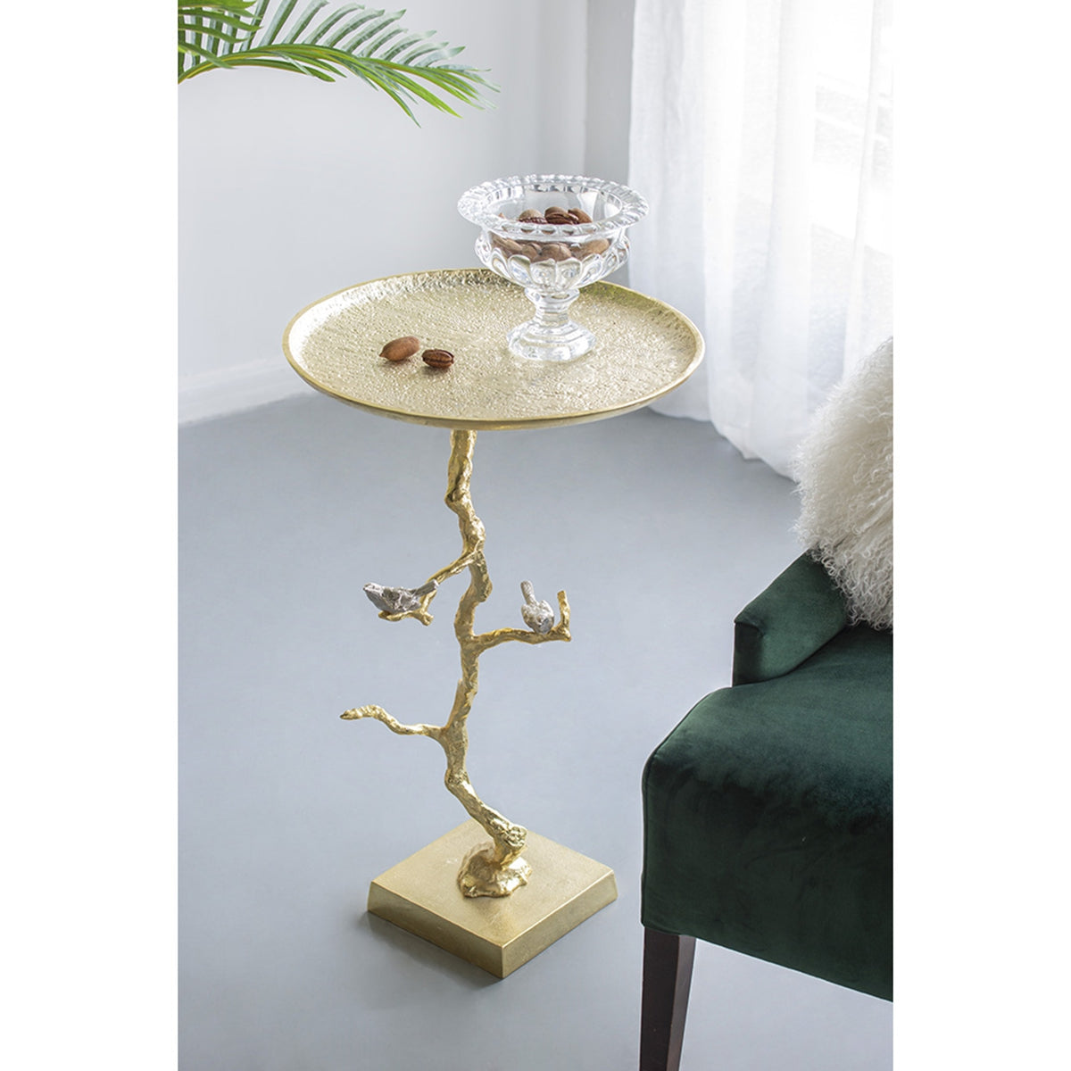 Contemporary Shiny Side Table with Tree Branch Design - Gold