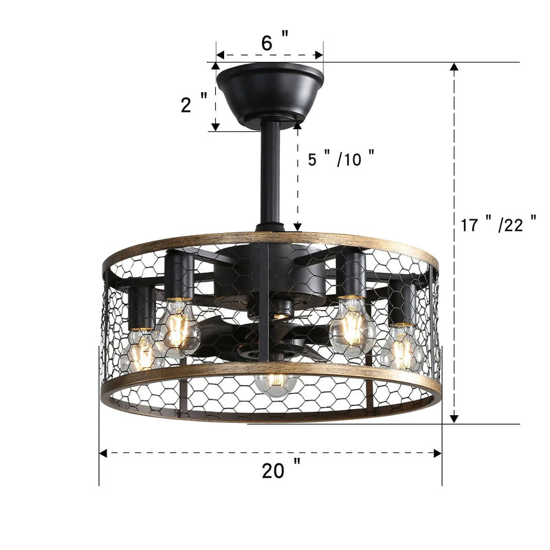 20" Industrial Caged Ceiling Fan With 7 - ABS Blades Remote Control, Small Ceiling Fan Reversible DC Motor - Black by Unique Piece Furniture