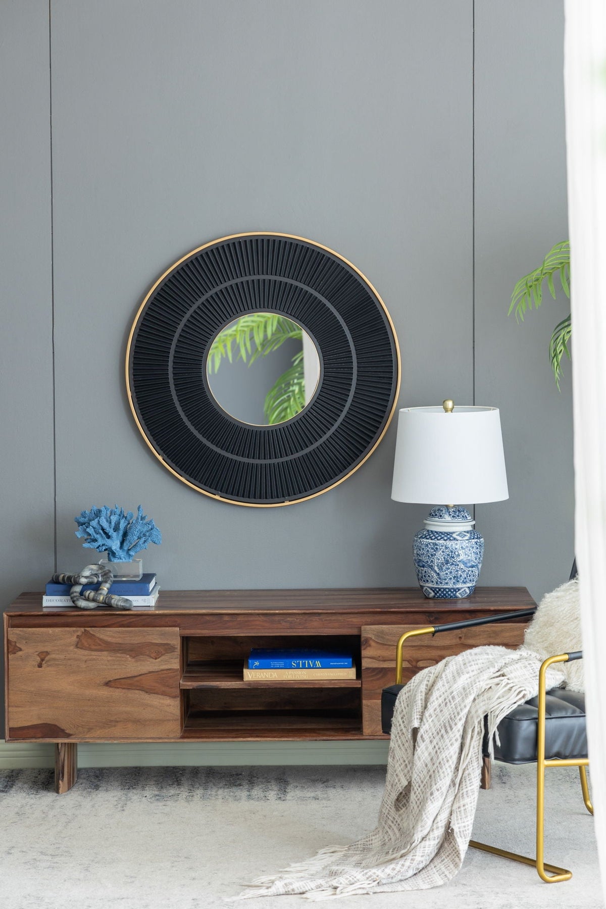Round Wooden Wall Mirror with Iron Frame - Neutral Colorway, photo 16 of 21