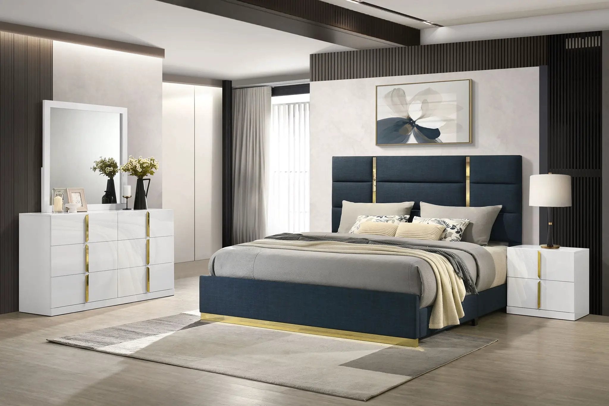 Ines 4-piece Eastern King Bedroom Set Navy and White High Gloss by Unique Piece Furniture