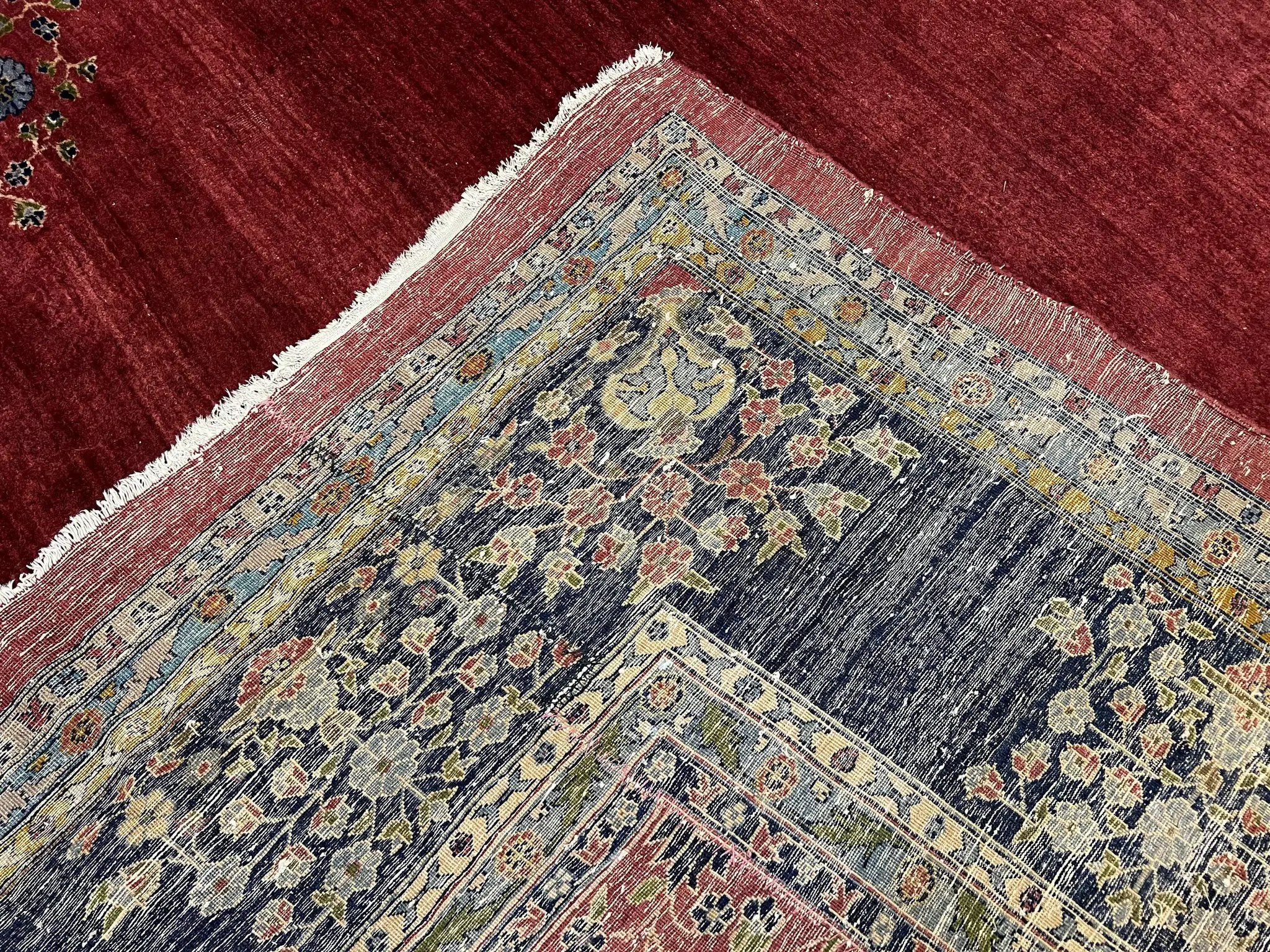 Large Persian Sarouk Rug 10x17, Open Field, Red and Navy Blue, Palace Sized Oversized Hand Knotted Wool Oriental Carpet Flowers Vases Antique 1920s by Jewel Rugs
