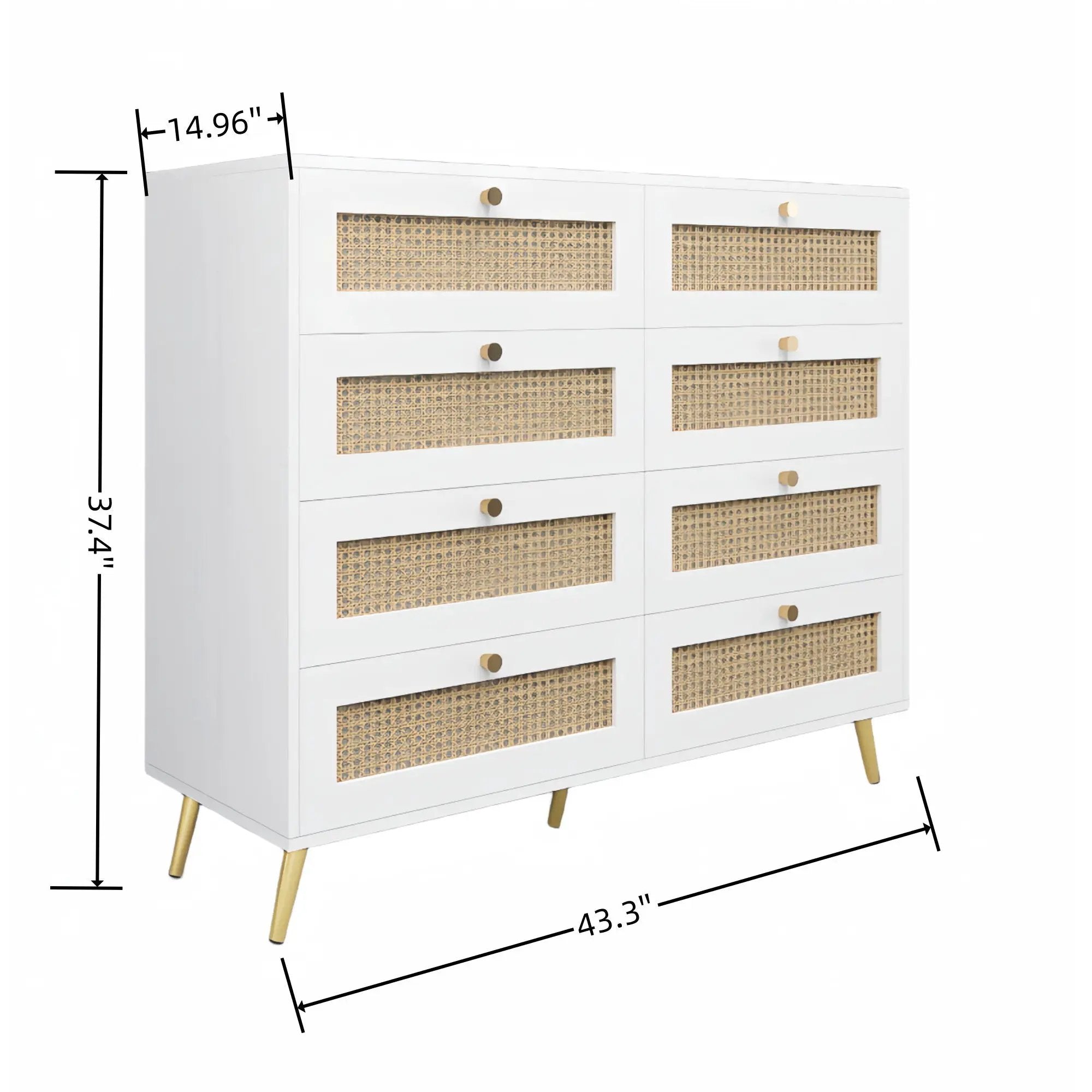 8 Drawers Chest Of Drawers With Rattan Drawer Face Golden Legs And Handles - White by HouseOfZazla