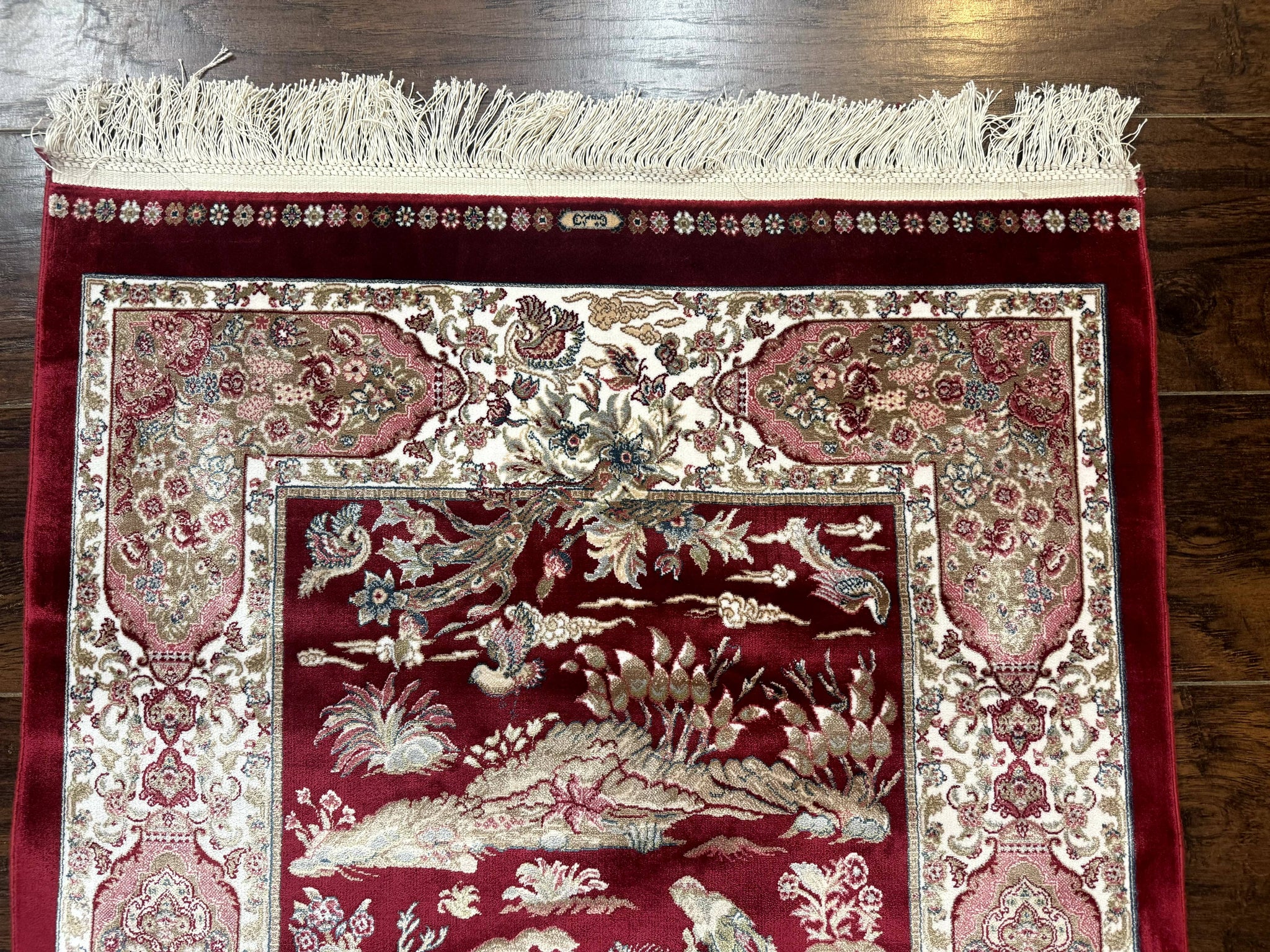 Dark Red Turkish Silk Rug 2.6 x 4, Hunting Design Scene, Bamboo Silk by Jewel Rugs