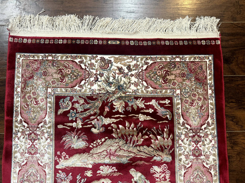 Dark Red Turkish Silk Rug 2.6 x 4, Hunting Design Scene, Bamboo Silk by Jewel Rugs