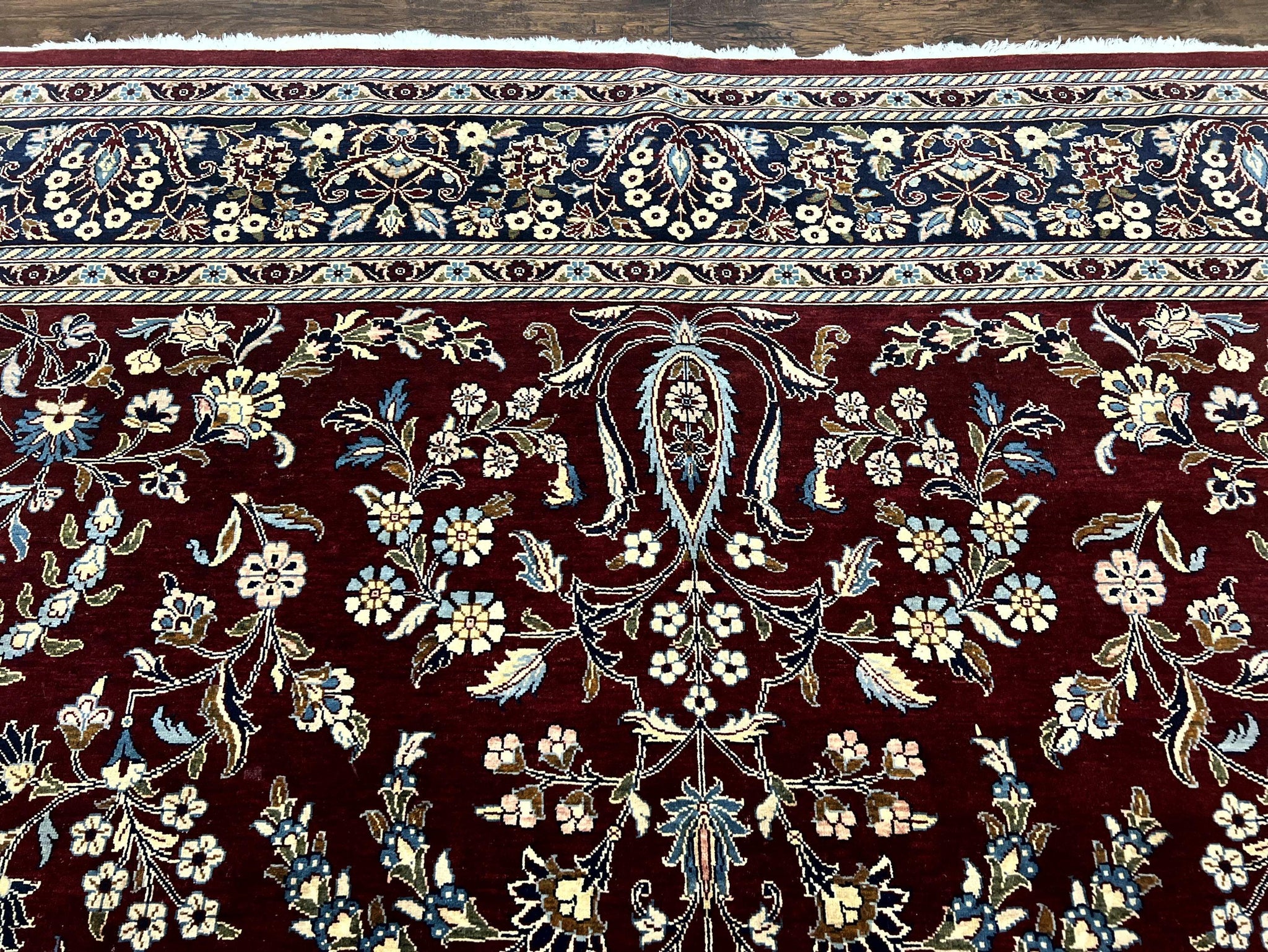 Indo Persian Sarouk Rug 9x12, Floral Allover, Dark Red & Navy Blue, Handmade Vintage Wool Carpet by Jewel Rugs