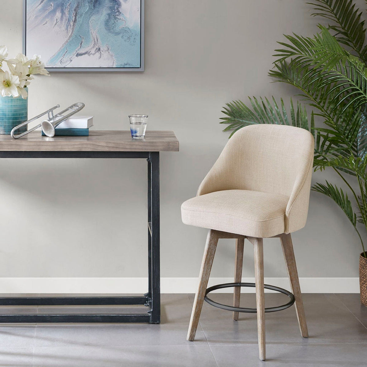 Counter Stool with Swivel Seat and Solid Wood Legs - Beige or Gray, photo 10 of 18