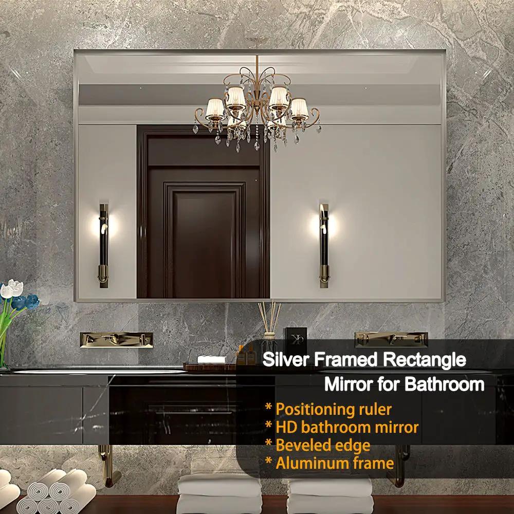 40X30" Silver Rectangular Wall-Mounted Beveled Bathroom Mirror, Square Angle Metal Frame Wall Mounted Bathroom Mirrors For Wall (Horizontal & Vertical) - Silver by Unique Piece Furniture