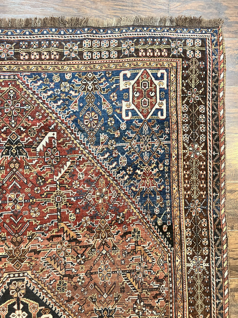 Antique Persian Shiraz Tribal Rug 6x8, Geometric Rug, Wool Handmade Hand Knotted Carpet, Red Blue by Jewel Rugs