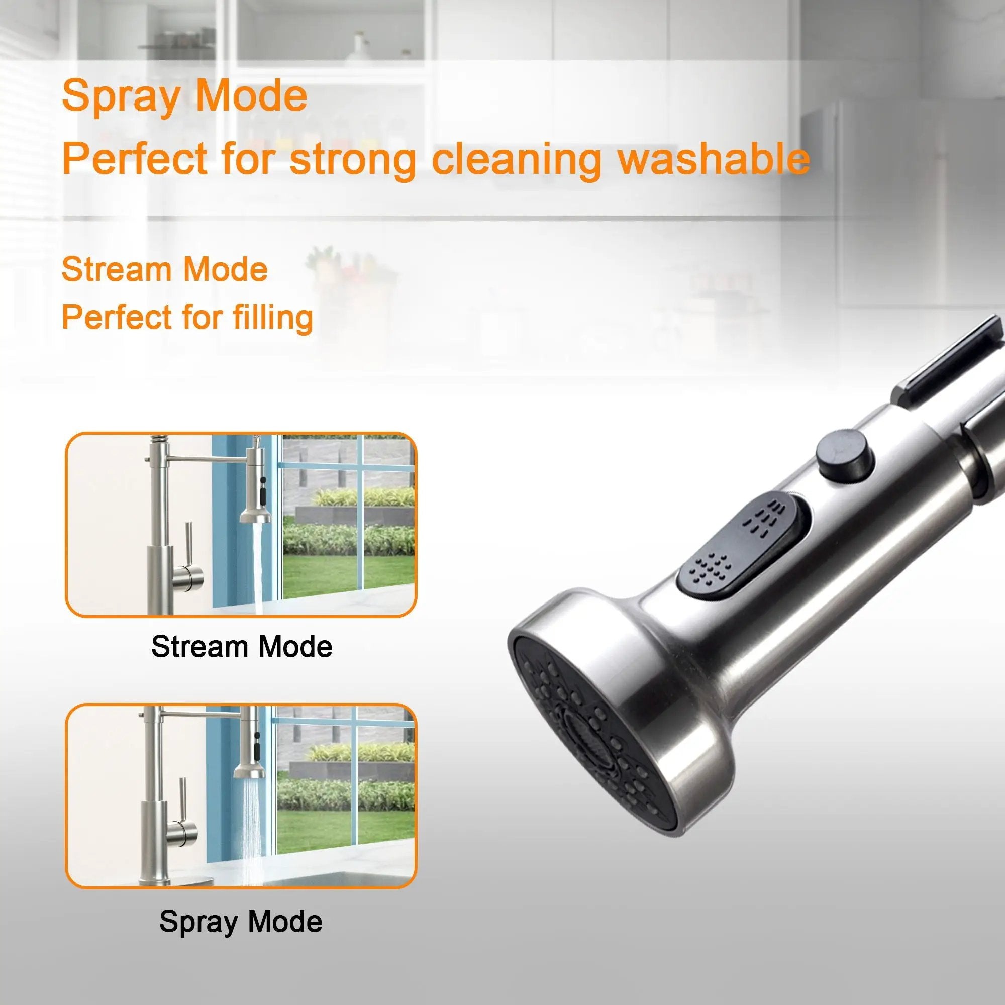 21" Commercial Kitchen Faucet With Dual Function Pull Down Sprayhead In, Stainless Steel - Brushed Nickel