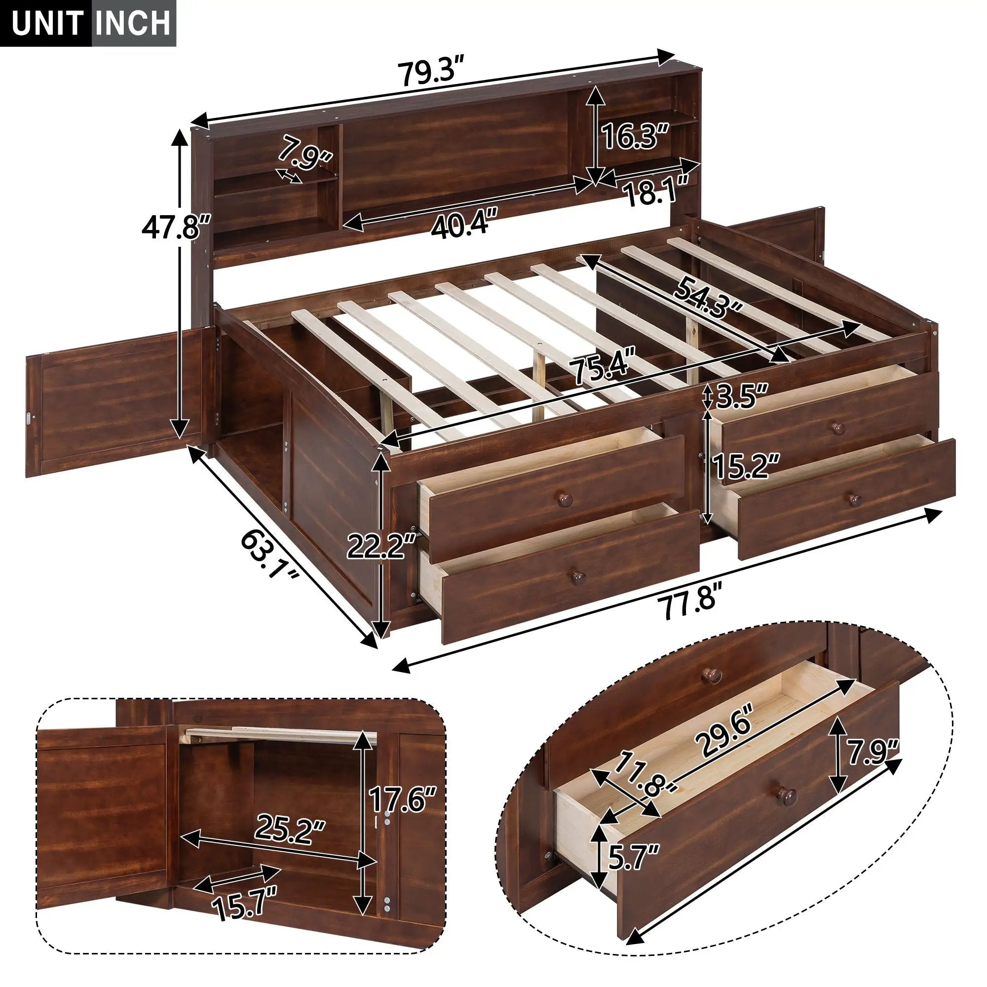 Full Size Captain Bed With Built In Storage Shelves, 4 Drawers And 2 Cabinets - Antique Brown by HouseOfZazla