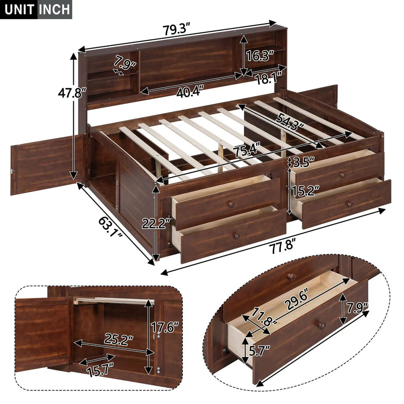 Full Size Captain Bed With Built In Storage Shelves, 4 Drawers And 2 Cabinets - Antique Brown by HouseOfZazla