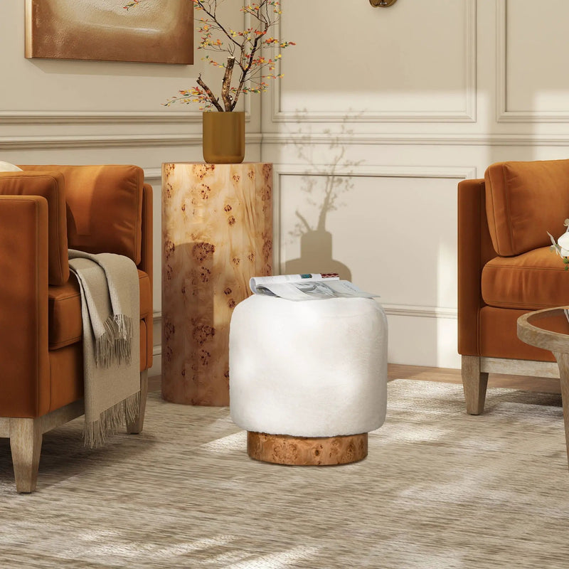 Tilly - Round Fur Upholstered / Burl Pouf Ottoman - White by HouseOfZazla