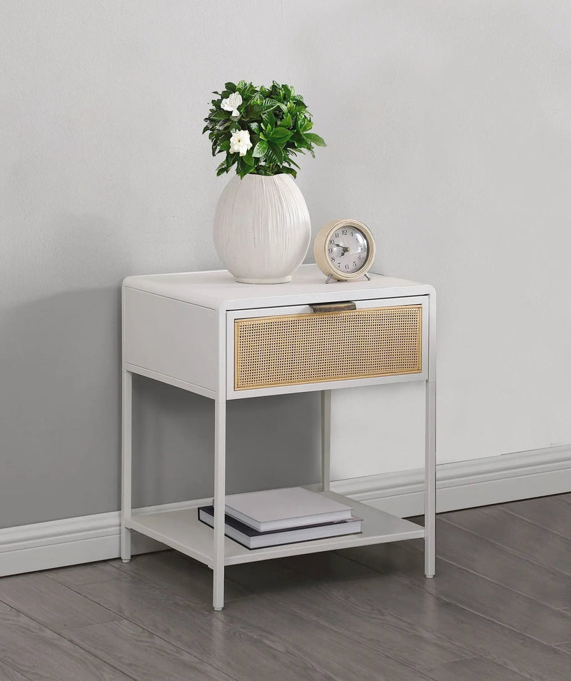 Amherst 1-drawer Radio Weave Cane Metal Bedside Table White by Unique Piece Furniture
