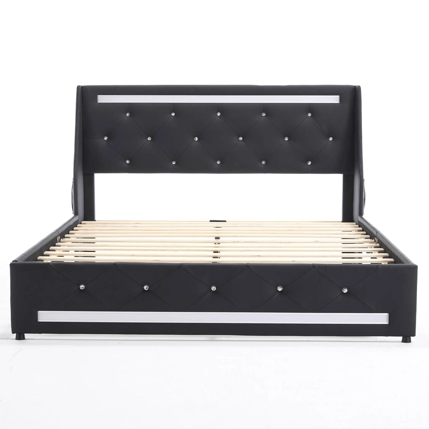 Wingback Upholstered Bed Frame With LED Lights, Charging Station by HouseOfZazla