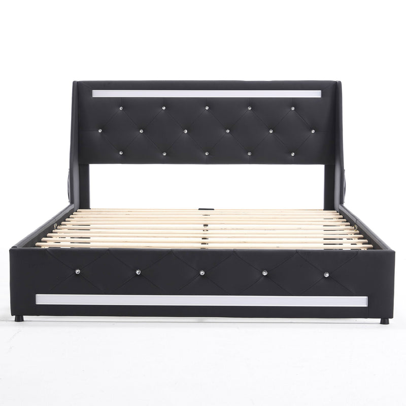 Wingback Upholstered Bed Frame With LED Lights, Charging Station by HouseOfZazla