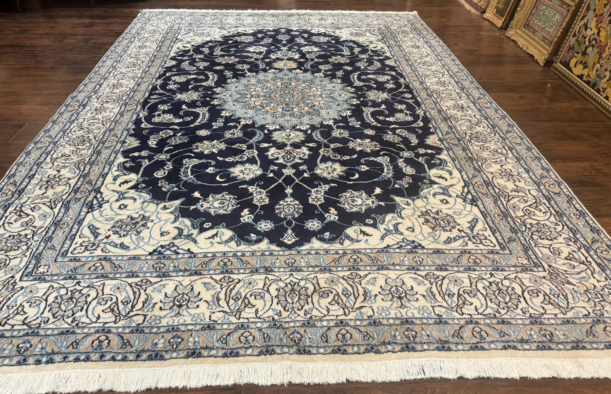 Persian Nain Rug 8x11, Navy Blue and Ivory, Handmade Wool Vintage Carpet, Floral Medallion by Jewel Rugs